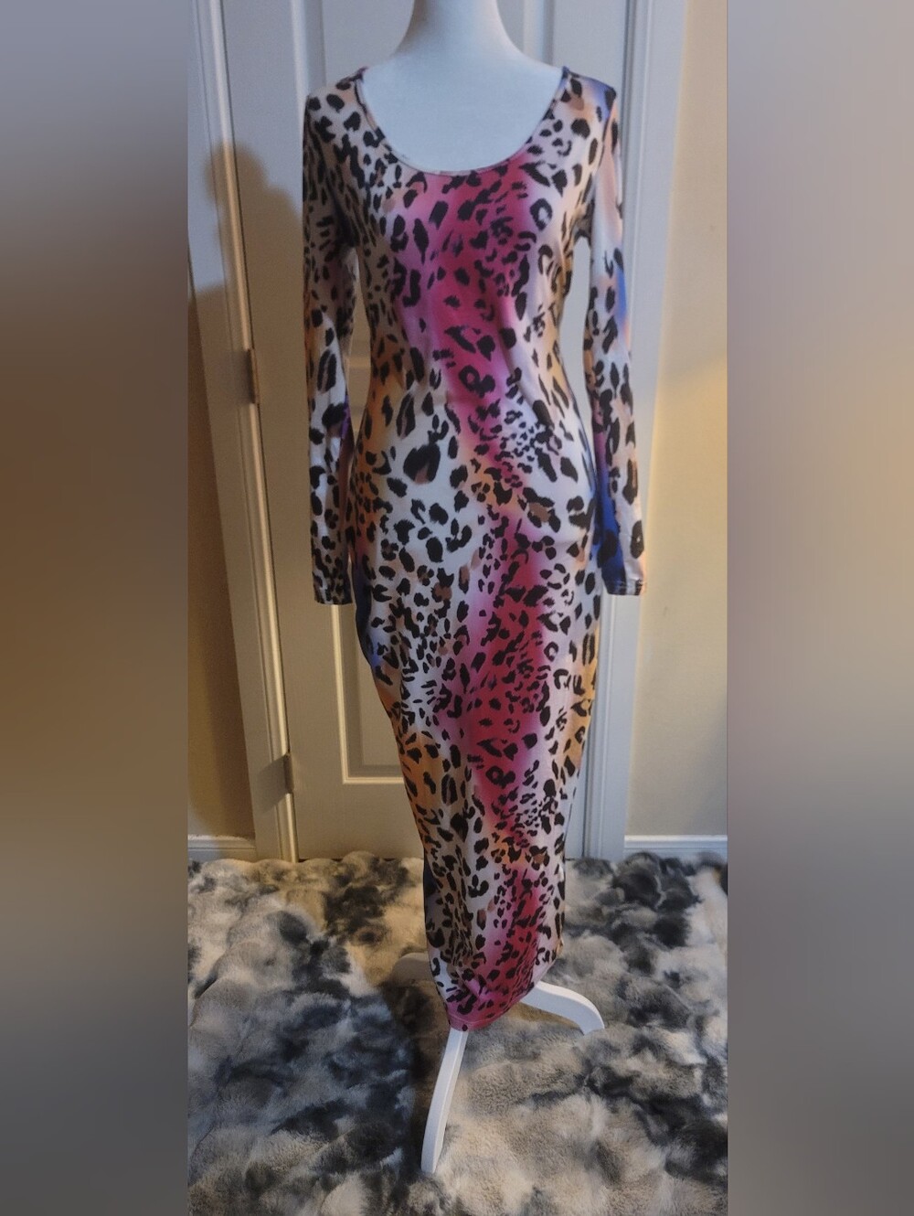 SHEIN Pink and Neutral Leopard Print Long Sleeve Maxi Dress